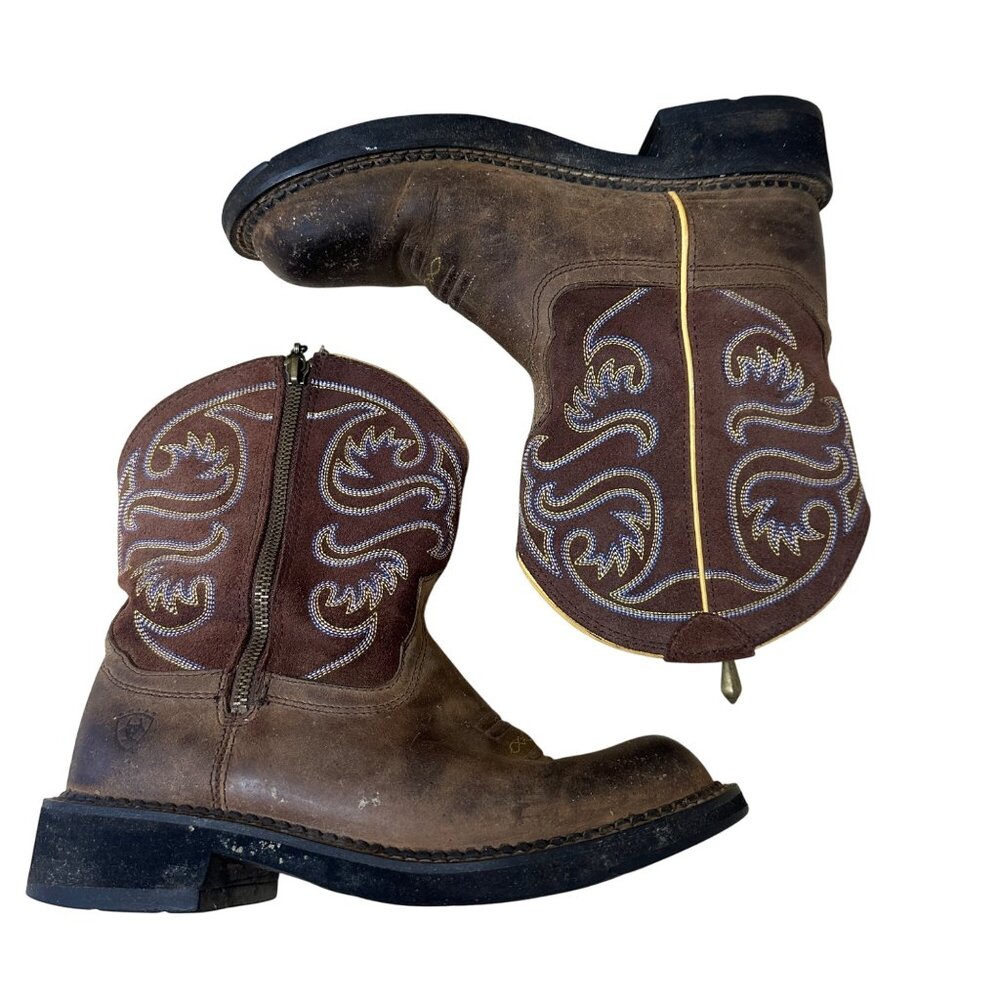 Ariat Womens Leather Western Boots US 8.5B Brown Embroidered Design Pull-On Work - Picture 3 of 11